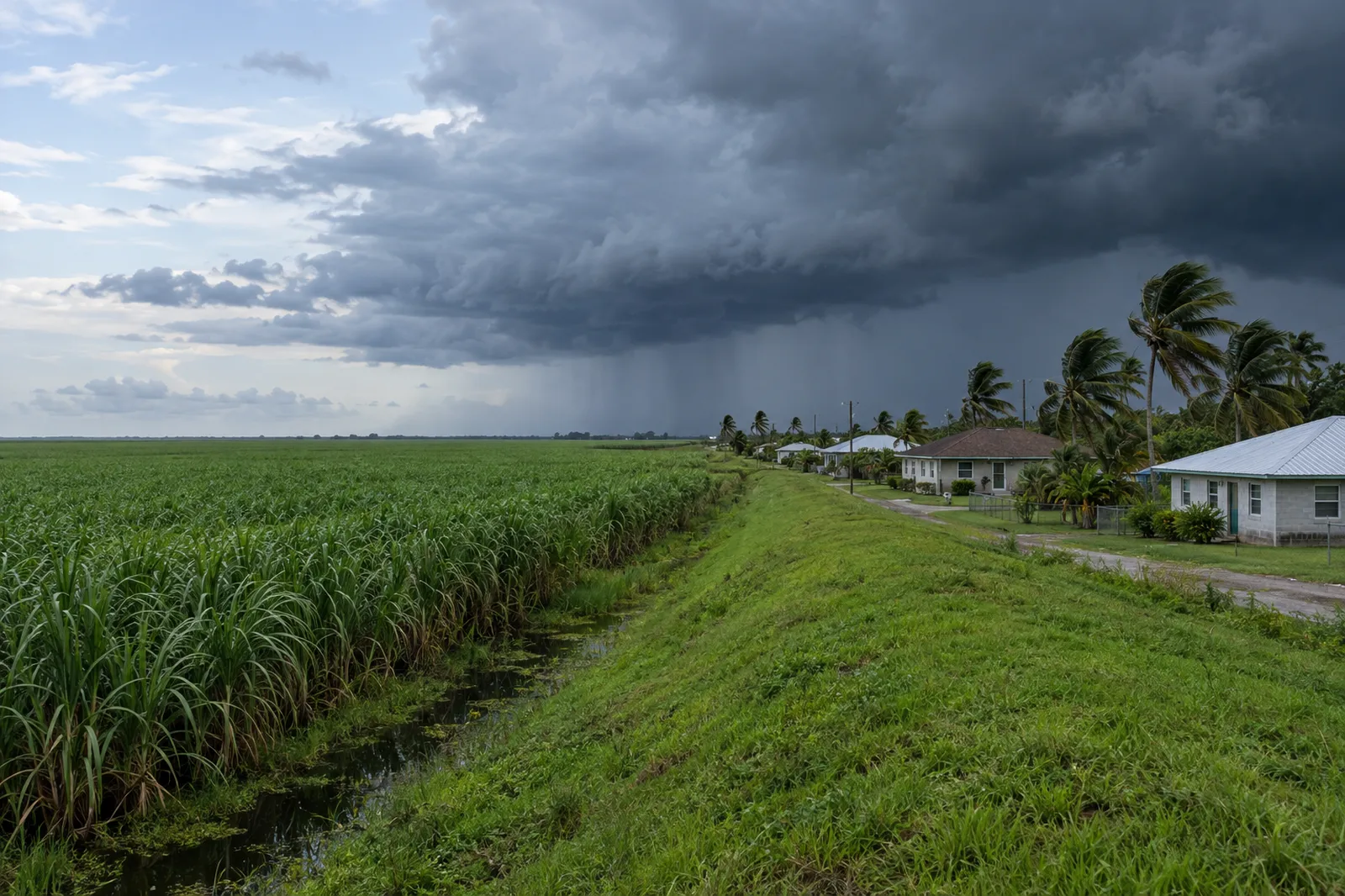 Sugarcane fields and small concrete-block homes under approaching storm clouds near Lake Okeechobee