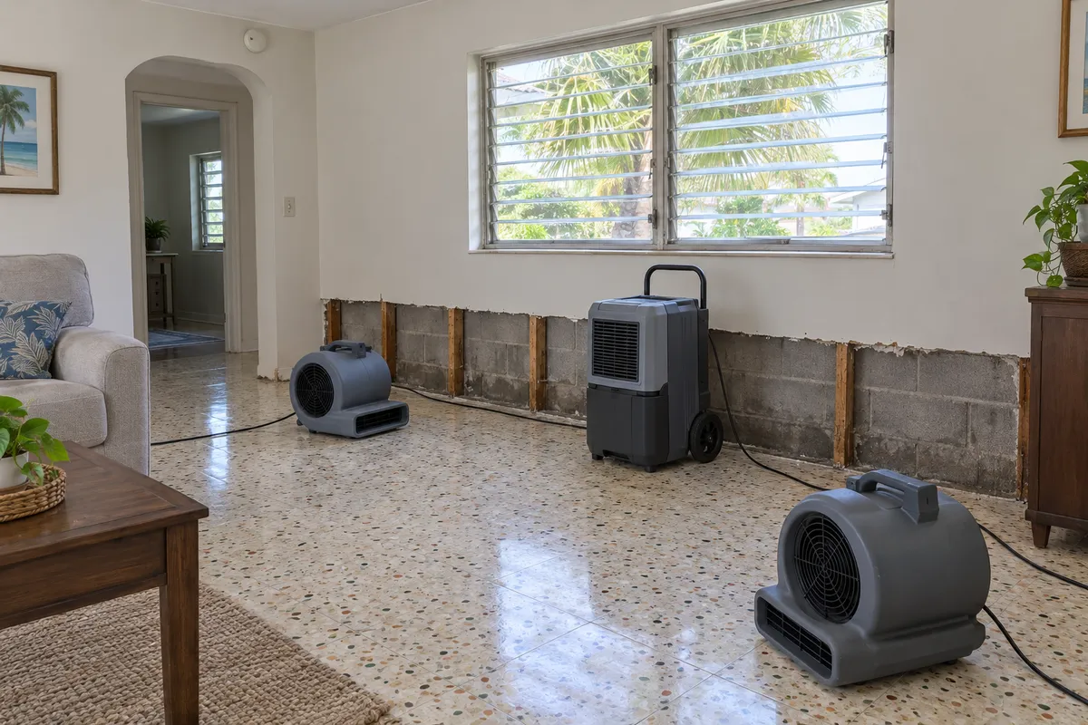 Air movers drying a tile floor in a concrete-block home after a storm leak